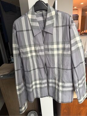 Burberry Grey & White Checked Lightweight Zip Shirt Jacket